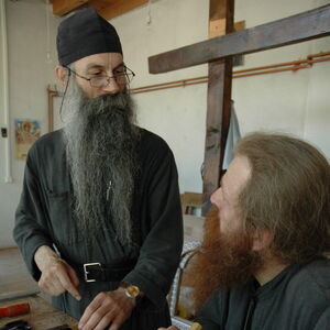 Father Avakum teaching Father Dimitrije wood carving 6