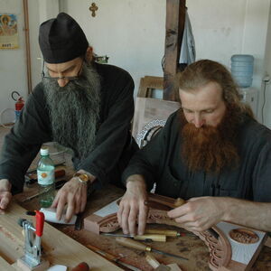 Father Avakum teaching Father Dimitrije wood carving 8