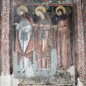 St. Simon the Monk ( Stefan Prvovenčani), St. Simeon the Monk ( Uroš I ) and Queen Jelena as a nun