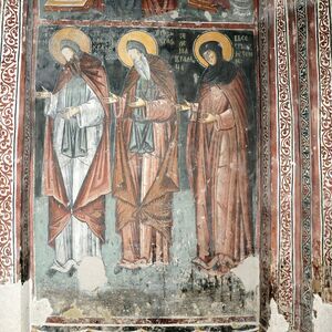 St. Simon the Monk ( Stefan Prvovenčani), St. Simeon the Monk ( Uroš I ) and Queen Jelena as a nun