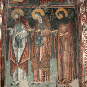 St. Simon the Monk ( Stefan Prvovenčani), St. Simeon the Monk ( Uroš I ) and Queen Jelena as a nun