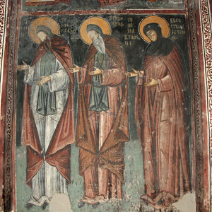 St. Simon the Monk ( Stefan Prvovenčani), St. Simeon the Monk ( Uroš I ) and Queen Jelena as a nun