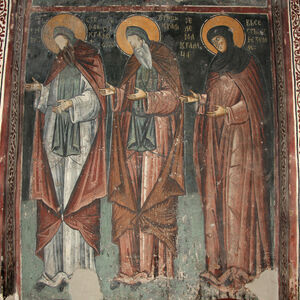 St. Simon the Monk ( Stefan Prvovenčani), St. Simeon the Monk ( Uroš I ) and Queen Jelena as a nun