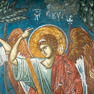 27a The Virgin, Two Angels and Six Apostles, a detail of the Ascension of Christ