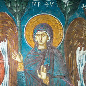 27a The Virgin, Two Angels and Six Apostles, a detail of the Ascension of Christ