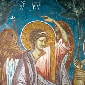 27a The Virgin, Two Angels and Six Apostles, a detail of the Ascension of Christ