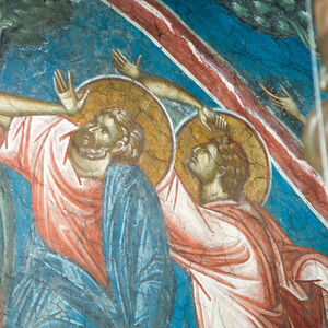 27a The Virgin, Two Angels and Six Apostles, a detail of the Ascension of Christ