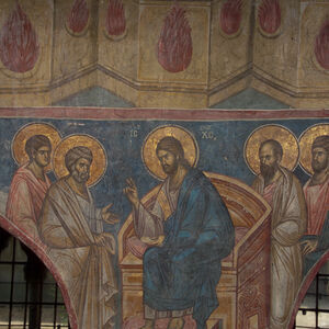 Христ на престолу у разговору са четири ученика