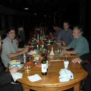 Bishop Teodosije, Father Sava and Blago Crew at the table 1