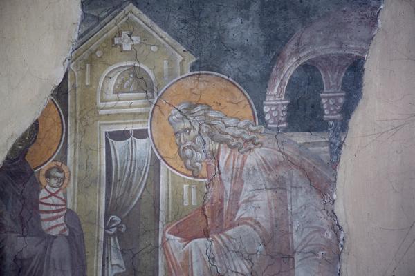 Фреска сретенье господне выполненная в 1465 году. Симеон Богоприимец фреска. Фреска Грачаница Сретение. Сретение Господне Симеон Богоприимец. Сретение фреска Сопочаны.