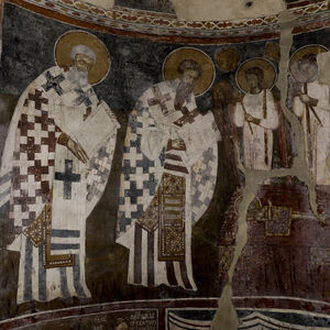 St. Gregory, St. Basil, two angels and altar table with Amnos