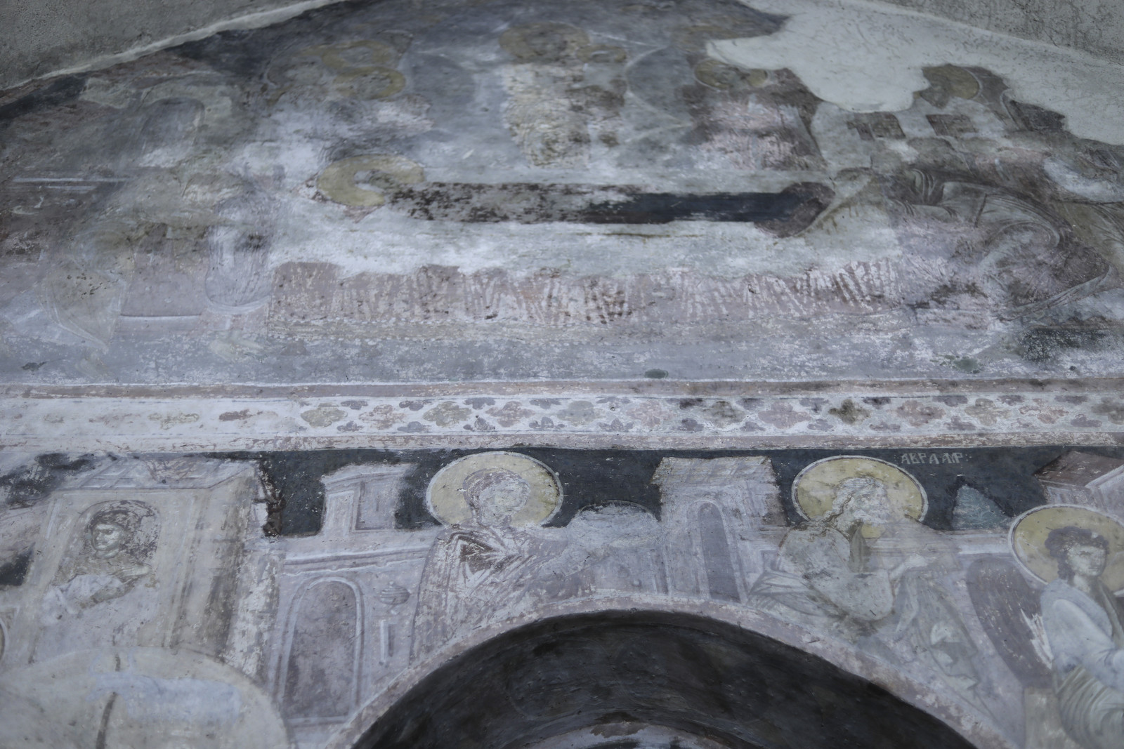 View of the thid and the second register of frescoes of the west wall of the western bay