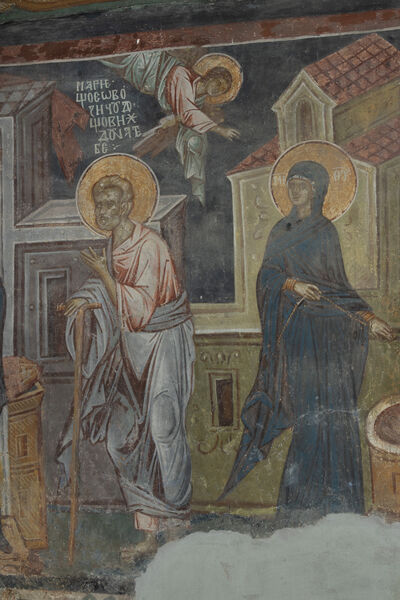 Joseph rebukes Mary and the Annunciation at the well, detail