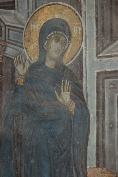 Joseph rebukes Mary and the Annunciation at the well, detail