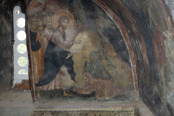Martha and Mary pray to Christ for Lazarus