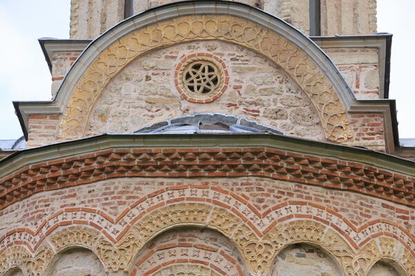 The gable and part of the blind arcade of the southern facade