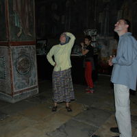 Jelena, Goca and Zoran take a look at frescoes in the Narthex