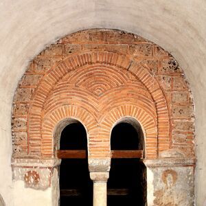 The two-light window between the narthex and naos, Upper room (Catechumena)