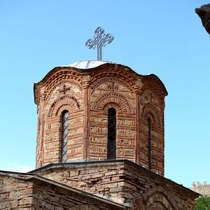 Southwest view of the upper sections of the church