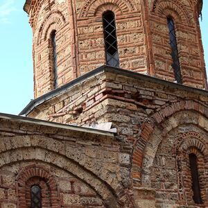 Southwest view of the upper sections of the church