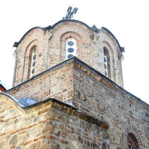 Southwest view of the uppermost section of the church building