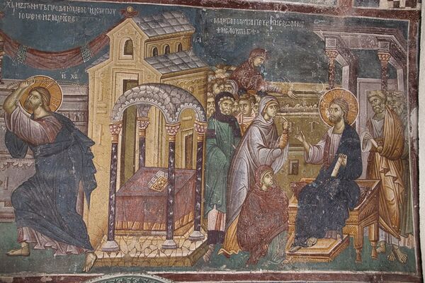 Christ with Martha and Mary, detail