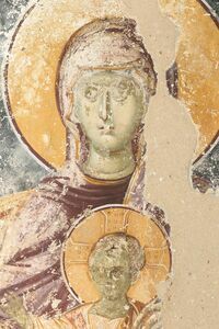 The Mother of God enthroned with infant Christ and two archangels, detail