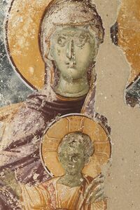 The Mother of God enthroned with infant Christ and two archangels, detail