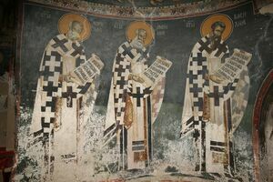 Св. Василије Велики, св. Атанасије Александријски и св. Никола