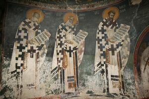 Св. Василије Велики, св. Атанасије Александријски и св. Никола