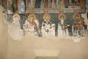 North wall of the nave, the first register of frescoes