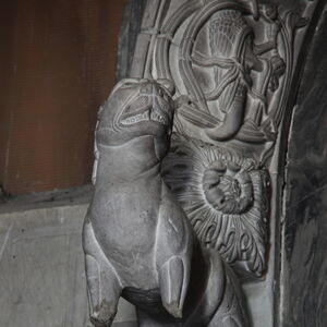 A sculpture of the lioness on the capital on the north side of the portal