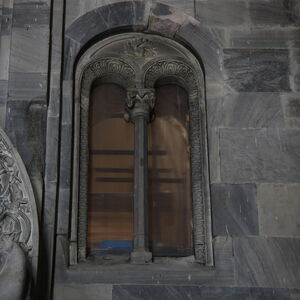 South window on the west facade of the Church of the Mother of God