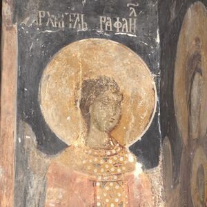 The nun Anatasija (Ana Nemanjic)  in proskynesis before the Mother of God enthroned