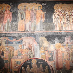 View of the second and the third row of frescoes on the west wall of narthex