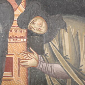 The nun Anatasija (Ana Nemanjic)  in proskynesis before the Mother of God enthroned