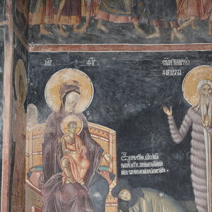 The nun Anatasija (Ana Nemanjic)  in proskynesis before the Mother of God enthroned