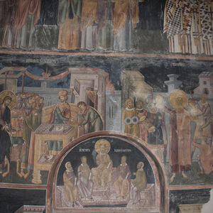 View of the nische and the second row of frescoes on the west wall of narthex