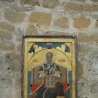 Icon of St.Nicholas with donor George, painted by Longin 1577.