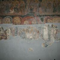 View of bottom layer frescoes of west wall of narthex