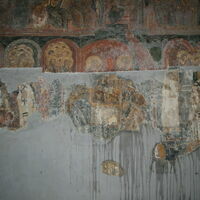 View of bottom layer frescoes of west wall of narthex